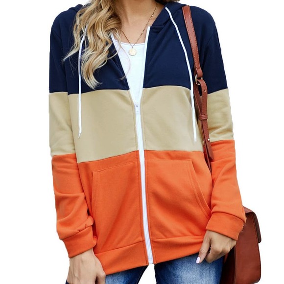 BLUE TAN ORANGE COLOR BLOCK FULL ZIP DRAWSTRING HOODIE SIZE 2XL 18-20 - Picture 6 of 11